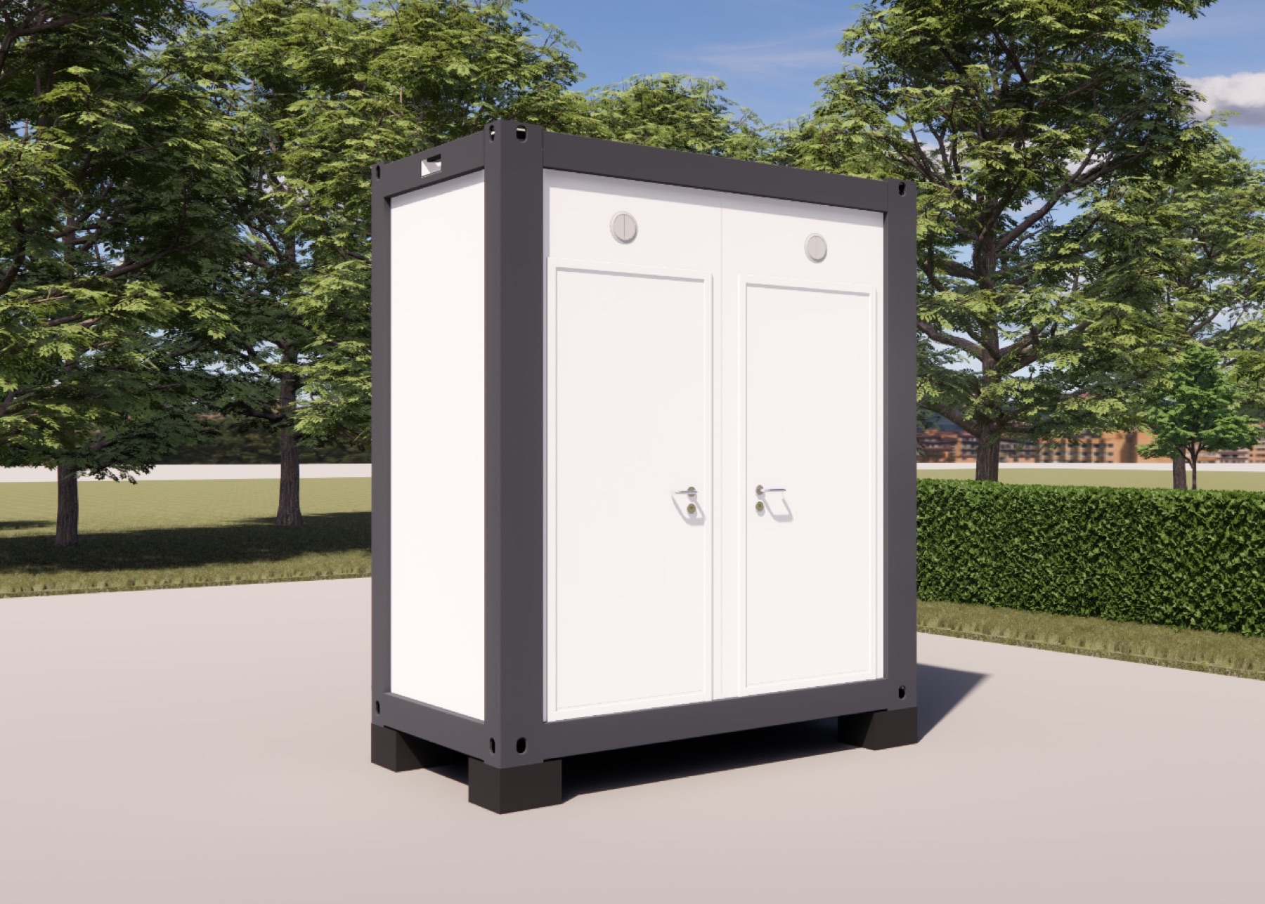 SAN02 — Vue 3D du module sanitaire 5 pieds WC + douche