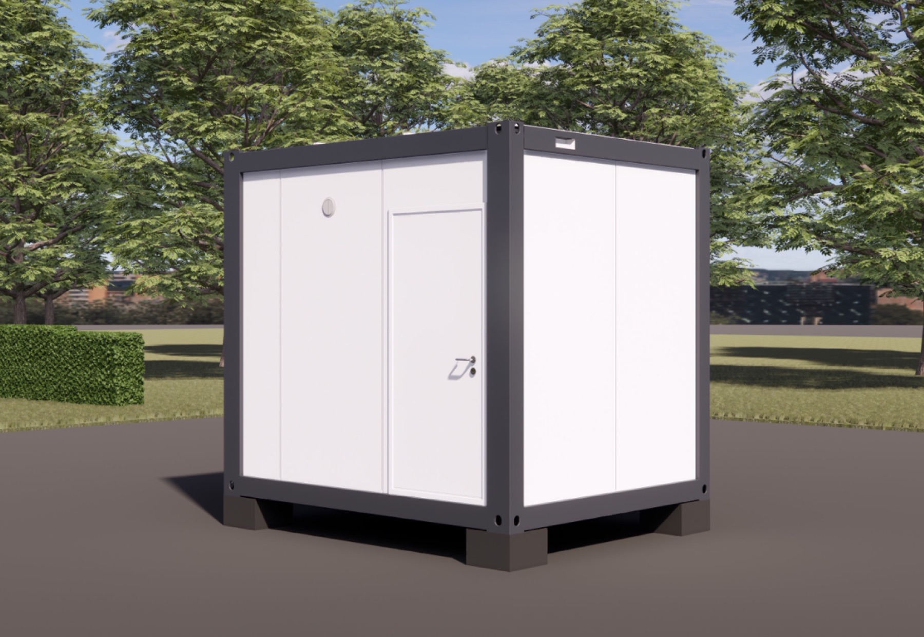 SAN03 — Vue 3D du module sanitaire 10 pieds 3 WC