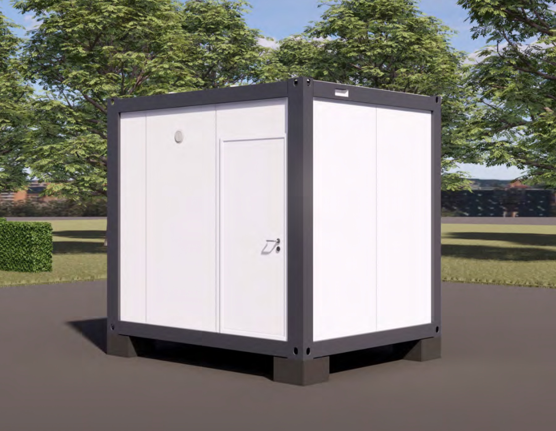 SAN04 — Vue 3D du module sanitaire 10 pieds 2 WC + douche